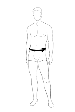Illustration d'une silhouette masculine avec une flèche pointant vers la taille, indiquant la largeur de la taille. La silhouette est représentée avec des détails minimalistes et monochromes.