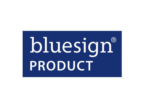 Logo de produit Bluesign avec texte blanc sur fond rectangulaire bleu foncé. Le mot « bluesign » est en minuscules et « PRODUCT » est écrit en majuscules en dessous.