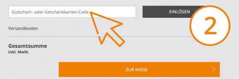 Un formulaire en ligne pour saisir un code de coupon ou de carte cadeau, avec une grande flèche pointant vers le champ de texte. Il y a aussi un bouton intitulé "Valider" et, en dessous du montant total incluant la TVA, un autre bouton intitulé "Passer à la caisse".