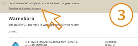 Capture d'écran d'une page de panier avec un message de confirmation pour l'application du code de réduction "GS19-20JACKE". Il y a un lien cliquable vers les conditions générales. Le titre de la page est "Panier" avec une liste d'articles pour une veste pour femmes. Icône orange avec le numéro 3 sur le côté droit.
