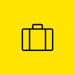 Ein einfaches schwarzes Koffersymbol mit einem Griff, angezeigt vor einem durchgehend gelben Hintergrund.