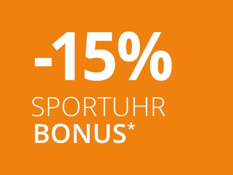 Fond orange avec texte blanc indiquant « -15% BONUS MONTRE DE SPORT* ».