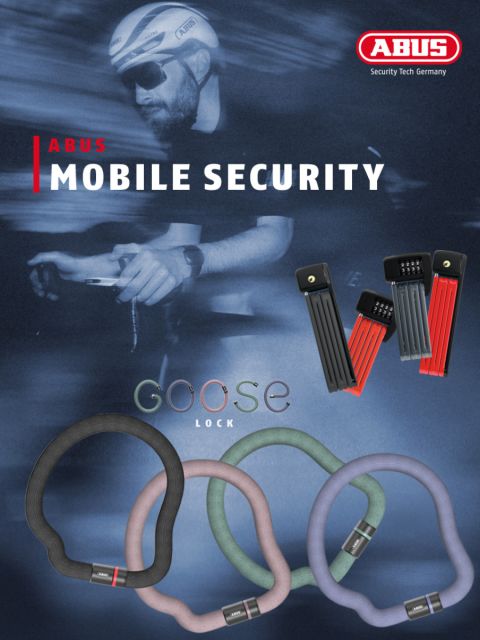 Publicité pour ABUS Mobile Security avec un cycliste portant des lunettes de soleil et un casque. En dessous, on trouve des images de produits de cadenas de vélo de différentes couleurs. Le logo ABUS se trouve en haut à droite.