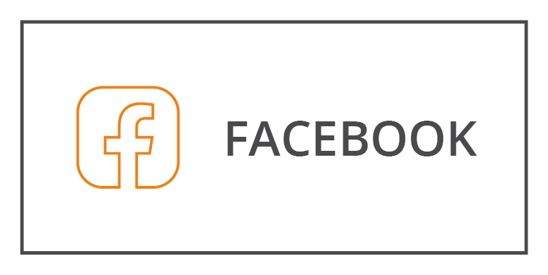 Un fond blanc avec le mot « FACEBOOK » en caractères gras gris. À gauche, on trouve le contour orange d'un carré contenant un petit « f » stylisé, similaire au logo de Facebook.