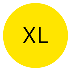 Un cercle jaune avec les lettres noires "XL" au centre indique une taille extra large.