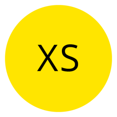 Un bouton rond jaune vif avec un texte noir au centre indiquant « XS », ce qui pourrait indiquer une taille extra-petite.