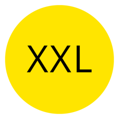 Cercle jaune avec les lettres « XXL » en gras et en noir au centre.