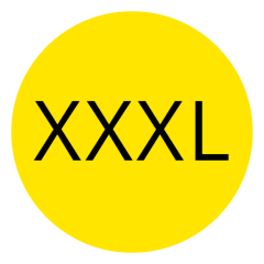 Cercle jaune vif avec de grosses lettres noires « XXXL » au centre.