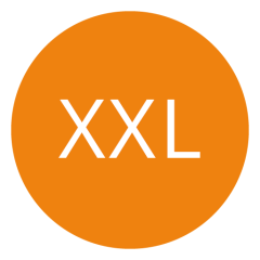 Cercle orange avec l'inscription "XXL" en lettres blanches au centre.