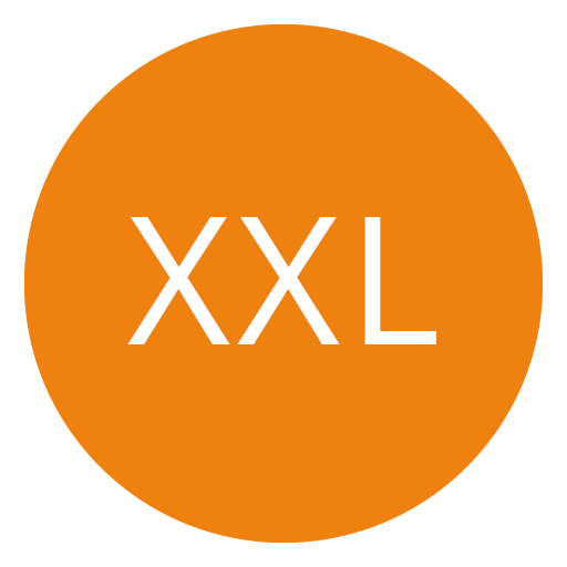 Cercle orange avec l'inscription "XXL" en lettres blanches au centre.