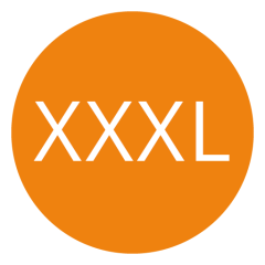 Cercle orange avec le texte « XXXL » en blanc, centré dans le cercle.