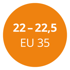 Un cercle orange avec un texte blanc affichant « 22 - 22,5 EU 35 ».