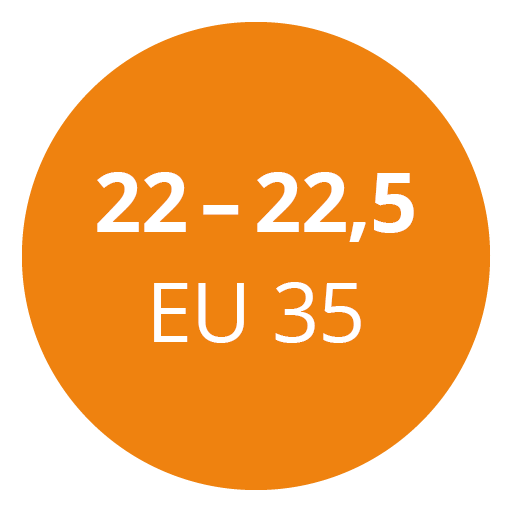 Un cercle orange avec un texte blanc affichant « 22 - 22,5 EU 35 ».