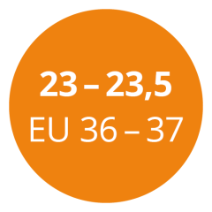 Cercle orange avec texte blanc indiquant les pointures de chaussures : « 23-23,5 » et « EU 36-37 ».