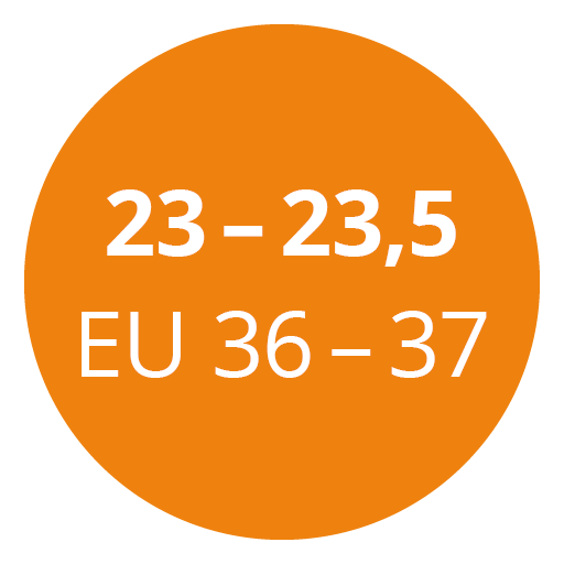 Cercle orange avec texte blanc indiquant les pointures de chaussures : « 23-23,5 » et « EU 36-37 ».