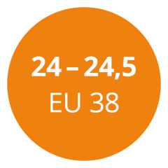 Cercle orange avec texte blanc indiquant « 24 - 24,5 EU 38 » comme référence à une conversion de pointure de chaussure.