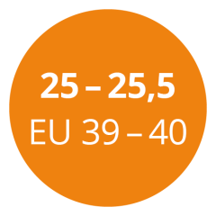 Cercle orange avec texte blanc indiquant les pointures de chaussures : « 25 - 25,5 » et « EU 39 - 40 ».