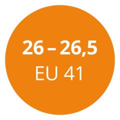 Cercle orange avec texte blanc indiquant les informations de taille de chaussure : « 26 - 26,5, EU 41 ».