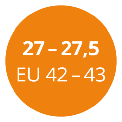 Cercle orange avec texte blanc indiquant la plage de tailles « 27 - 27,5 » et « EU 42 - 43 ».