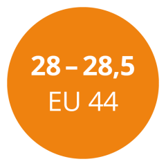 Cercle orange avec texte blanc indiquant une plage de pointures : « 28 - 28,5 », suivi de « EU 44 ».