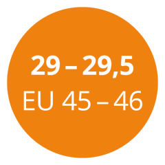 Un cercle orange avec le texte blanc « 29 - 29,5 EU 45 - 46 » indiquant les pointures de chaussures en centimètres et en tailles européennes.