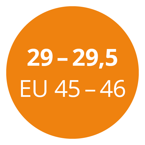Un cercle orange avec le texte blanc « 29 - 29,5 EU 45 - 46 » indiquant les pointures de chaussures en centimètres et en tailles européennes.