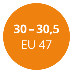 Un cercle orange avec un texte blanc affichant "30 - 30,5 EU 47".