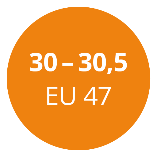 Un cercle orange avec un texte blanc affichant "30 - 30,5 EU 47".