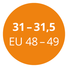 Un cercle orange contient un texte blanc indiquant les tailles « 31 - 31,5 EU 48 - 49 ».