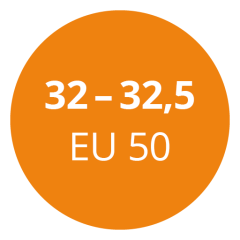 Cercle orange avec texte blanc indiquant « 32 - 32,5 EU 50 ».