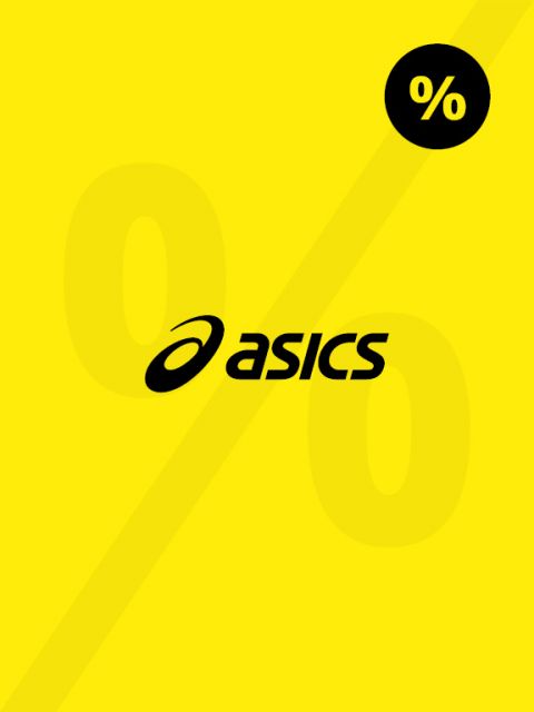 Fond jaune avec un grand symbole de pourcentage estompé. Au centre, le mot « asics » est écrit en gras et en noir. Dans le coin supérieur droit se trouve un petit cercle noir avec un symbole de pourcentage blanc.