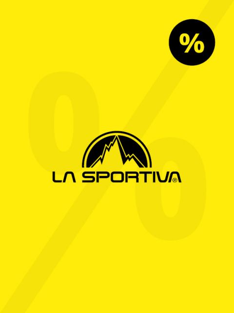Image jaune avec un grand symbole de pourcentage délavé. Le logo La Sportiva avec des montagnes stylisées est centré. Un petit cercle noir avec un symbole de pourcentage se trouve dans le coin supérieur droit.