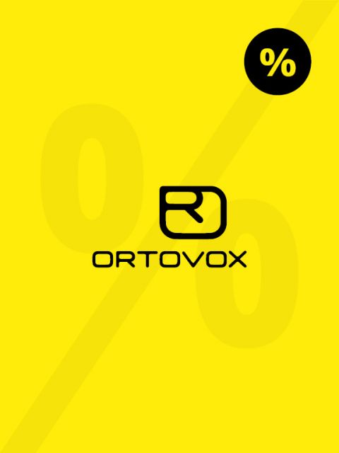 Fond jaune avec un symbole de pourcentage noir en gras en haut à droite et un logo « Ortovox » noir proéminent au centre. Un grand symbole de pourcentage semi-transparent est visible discrètement en arrière-plan.