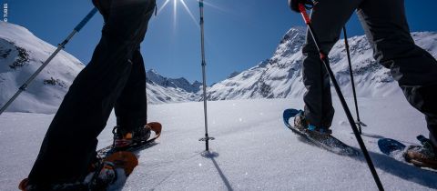 Deux personnes font de la raquette dans un paysage montagneux enneigé sous un ciel bleu éclatant. Le soleil brille intensément et projette des ombres sur la neige immaculée. À l'arrière-plan, se dressent des sommets majestueux.