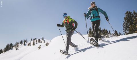 Deux personnes font de la raquette dans un paysage enneigé par une journée ensoleillée. Elles portent des vêtements d'hiver et des lunettes de soleil et marchent côte à côte, avec des arbres enneigés en arrière-plan.