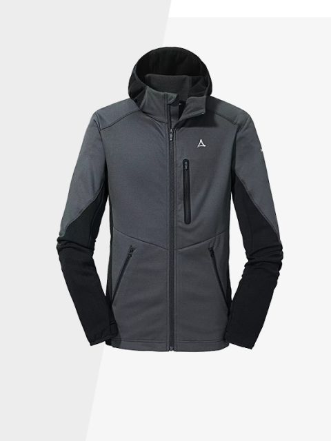 Une veste à capuche gris-noir sur fond blanc. Elle est dotée d'une poche poitrine, de poches latérales et d'un logo sur la poitrine droite. La veste a un design sportif et épuré avec une silhouette ajustée.