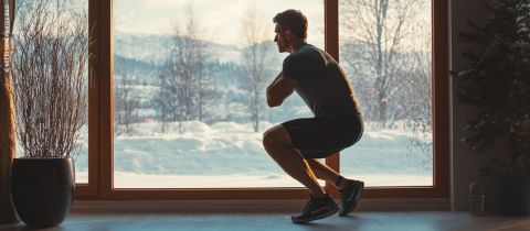 Un homme en tenue de sport fait des squats dans une maison devant une grande fenêtre. On aperçoit à l'extérieur des paysages enneigés et des arbres. Il est en équilibre sur une jambe, l'autre est légèrement pliée.