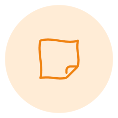 Un simple contour orange d'une feuille de papier avec un coin replié, centré sur un fond circulaire pêche clair.