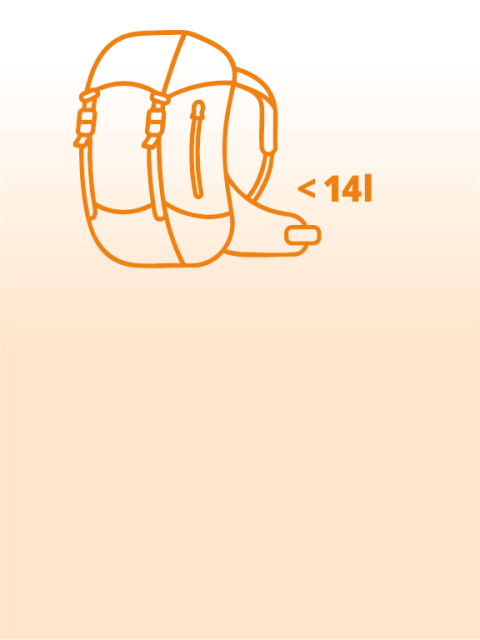 Contour d'un sac à dos avec l'inscription "10-25 l", indiquant une capacité du sac à dos de 10 à 25 litres ; l'image a un fond orange.