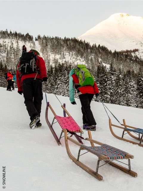 Deux personnes en vêtements d'hiver tirent un traîneau en bois sur une colline enneigée, avec des arbres et un sommet de montagne ensoleillé en arrière-plan. On aperçoit d'autres personnes au loin.