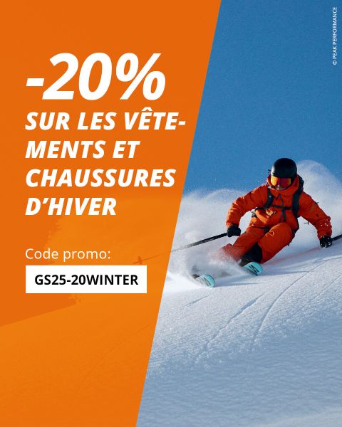 Un skieur en équipement orange dévale une piste enneigée. Le texte offre 20 % de réduction sur les vêtements et chaussures d'hiver avec le code promotionnel GS25-20WINTER. Le texte est en français.