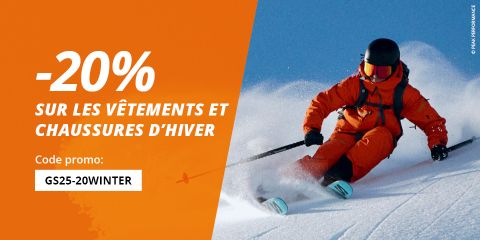 Un skieur en équipement orange dévale une pente enneigée. Le texte est le suivant : -20% sur les vêtements et chaussures d'hiver. Code promo : GS25-20HIVER.