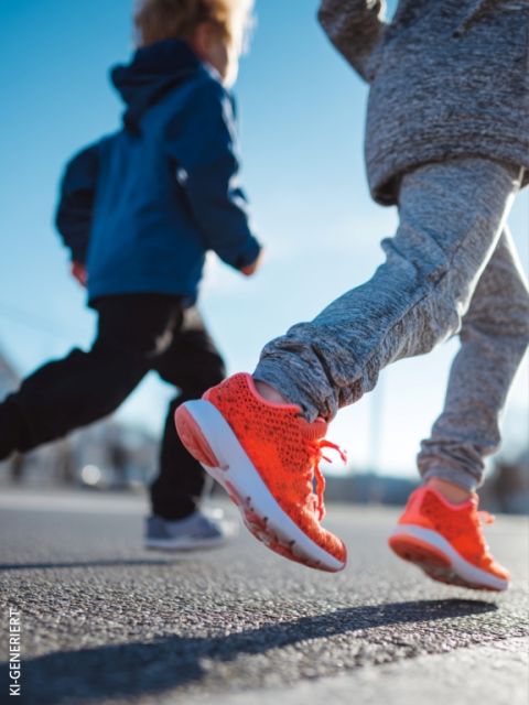 Deux personnes, un enfant et un adulte, marchent ou font du jogging au coucher du soleil sur un chemin pavé à l'extérieur. L'enfant porte un short bleu et des baskets grises ; l'adulte porte des leggings à motifs et des baskets noires.
