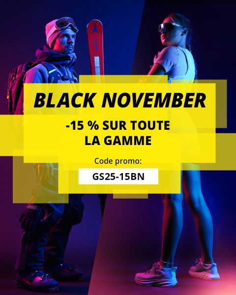 Deux athlètes, un skieur en tenue d'hiver et une femme en tenue de course, se tiennent dos à dos devant un fond bleu foncé et rose. Une bannière jaune annonce le "Black November" avec 15% de réduction sur les vêtements de plein air, de fitness et de course.