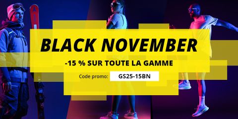 Trois athlètes en tenue de ski et de course à pied se tiennent devant un fond bleu-violet. Le texte jaune en gras indique "Black November -15% sur toute la gamme" avec le code promo "GS25-15BN" dans un champ blanc.