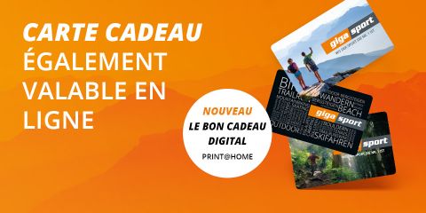 Publicité pour les cartes cadeaux de Giga Sport avec des images de cartes cadeaux physiques et numériques sur fond orange. Le texte français souligne que les cartes cadeaux sont désormais disponibles en ligne et en version numérique.