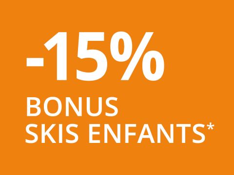 Fond orange avec de grandes lettres blanches : "-15% BONUS SKIS ENFANTS*".
