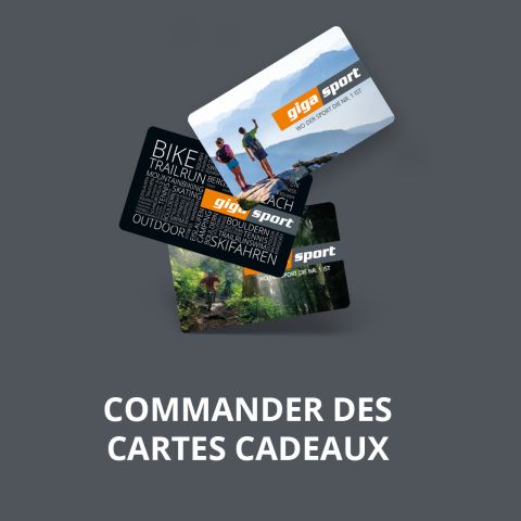 Trois cartes cadeaux Giga Sport avec des images et du texte sur des activités de plein air sur un fond gris foncé au-dessus du lettrage "COMMANDER DES CARTES CADEAUX" en majuscules blanches.