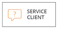 Une bulle de dialogue contenant un point d'interrogation se trouve à côté des mots "SERVICE CLIENT" en gras. Le design est simple avec un schéma de couleurs orange et noir.