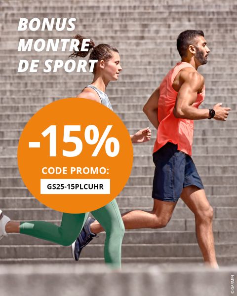 Deux personnes en tenue de sport courant à l'extérieur. Le texte superposé offre une réduction de 15 % sur les montres de sport avec le code promotionnel GS25-15PLCUHR. L'arrière-plan montre des marches en pierre.